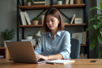 Femme concentrée travaillant sur son ordinateur à domicile