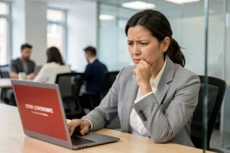 Femme au bureau face à un message d'erreur sur son écran d'ordinateur lors d'une connexion à Melanie2web