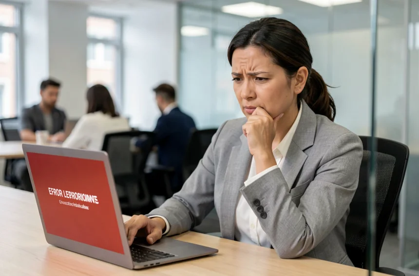 Femme au bureau face à un message d'erreur sur son écran d'ordinateur lors d'une connexion à Melanie2web