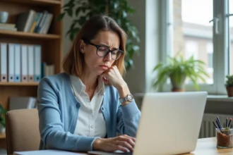 Femme d'âge moyen au bureau à domicile avec ordinateur