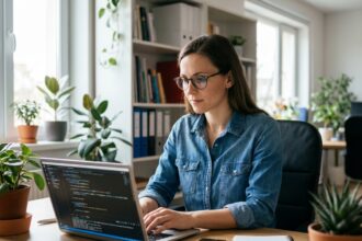 Femme en denim travaillant sur son ordinateur dans un bureau lumineux