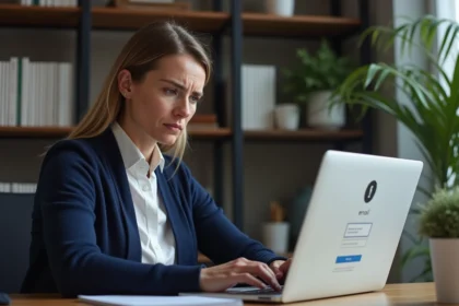 Femme frustrée face à un ordinateur portable au bureau