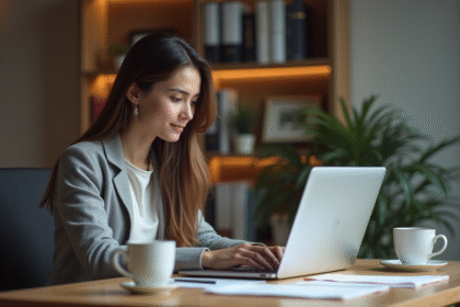 Jeune femme au bureau cherchant des templates PowerPoint