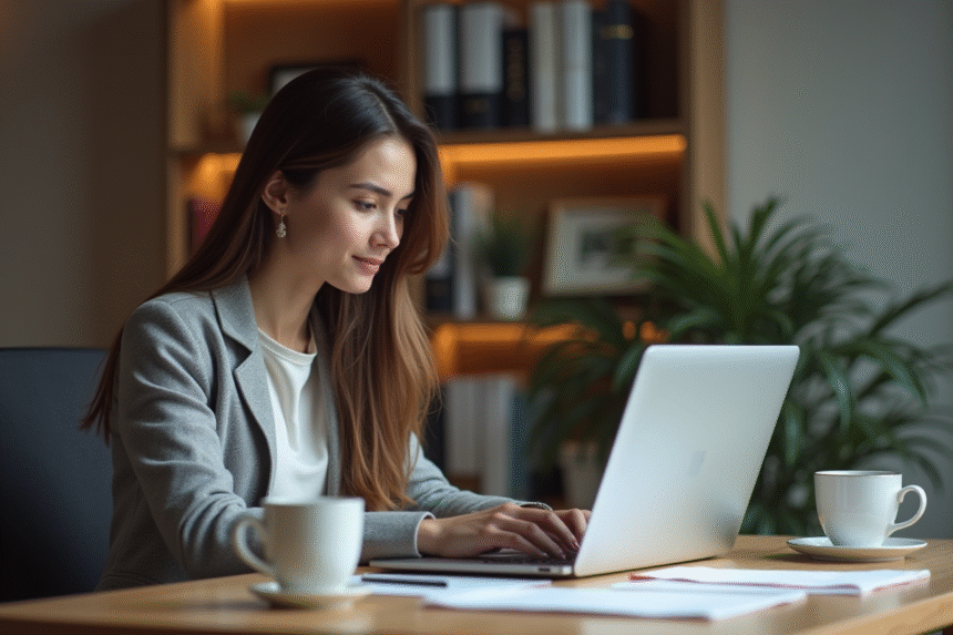 Jeune femme au bureau cherchant des templates PowerPoint