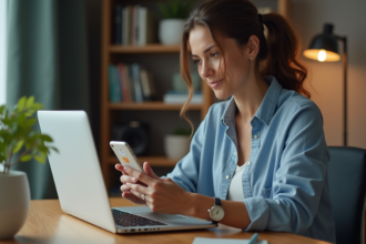 Femme au bureau moderne travaillant sur son ordinateur