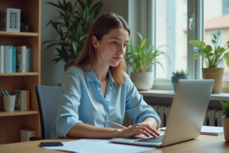 Jeune femme concentrée sur son ordinateur au bureau