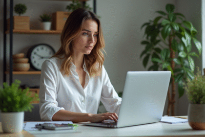 Femme au bureau travaillant sur un ordinateur portable