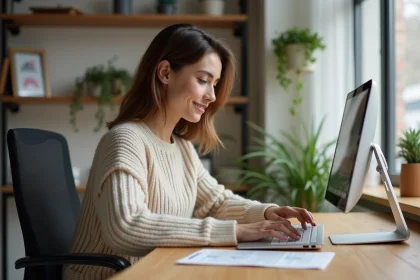 Jeune femme concentrée utilisant un clavier d'ordinateur dans un bureau moderne