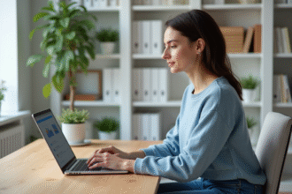Femme en bureau cosy utilisant son ordinateur portable