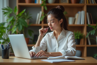 Jeune femme au bureau en train de prendre des notes