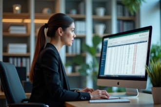 Femme d affaires concentrée devant son ordinateur au bureau