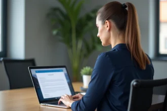 Femme professionnelle joignant un fichier à un email via une interface webmail sur un ordinateur portable au bureau