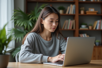Jeune femme au bureau vérifiant ses paramètres de confidentialité
