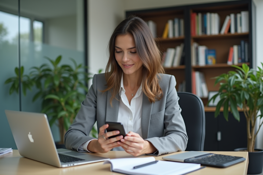 Femme en bureau moderne avec ordinateur et smartphone