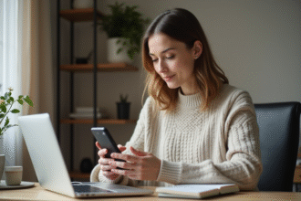 Femme en bureau moderne tapant un numéro de téléphone