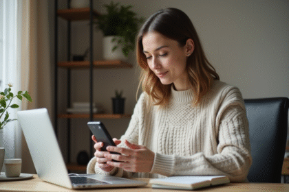Femme en bureau moderne tapant un numéro de téléphone