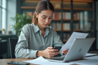 Femme au bureau utilisant son smartphone et ordinateur