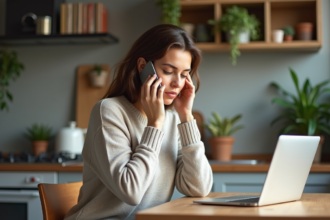 Femme décontractée parlant avec son smartphone dans un appartement chaleureux