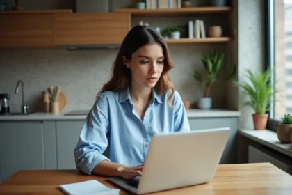 Femme décontractée utilisant son ordinateur dans une cuisine moderne