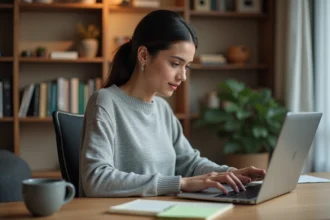 Femme tapant une combinaison de touches sur un clavier d'ordinateur portable pour saisir un È majuscule accent grave