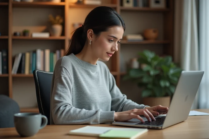 Femme tapant une combinaison de touches sur un clavier d'ordinateur portable pour saisir un È majuscule accent grave