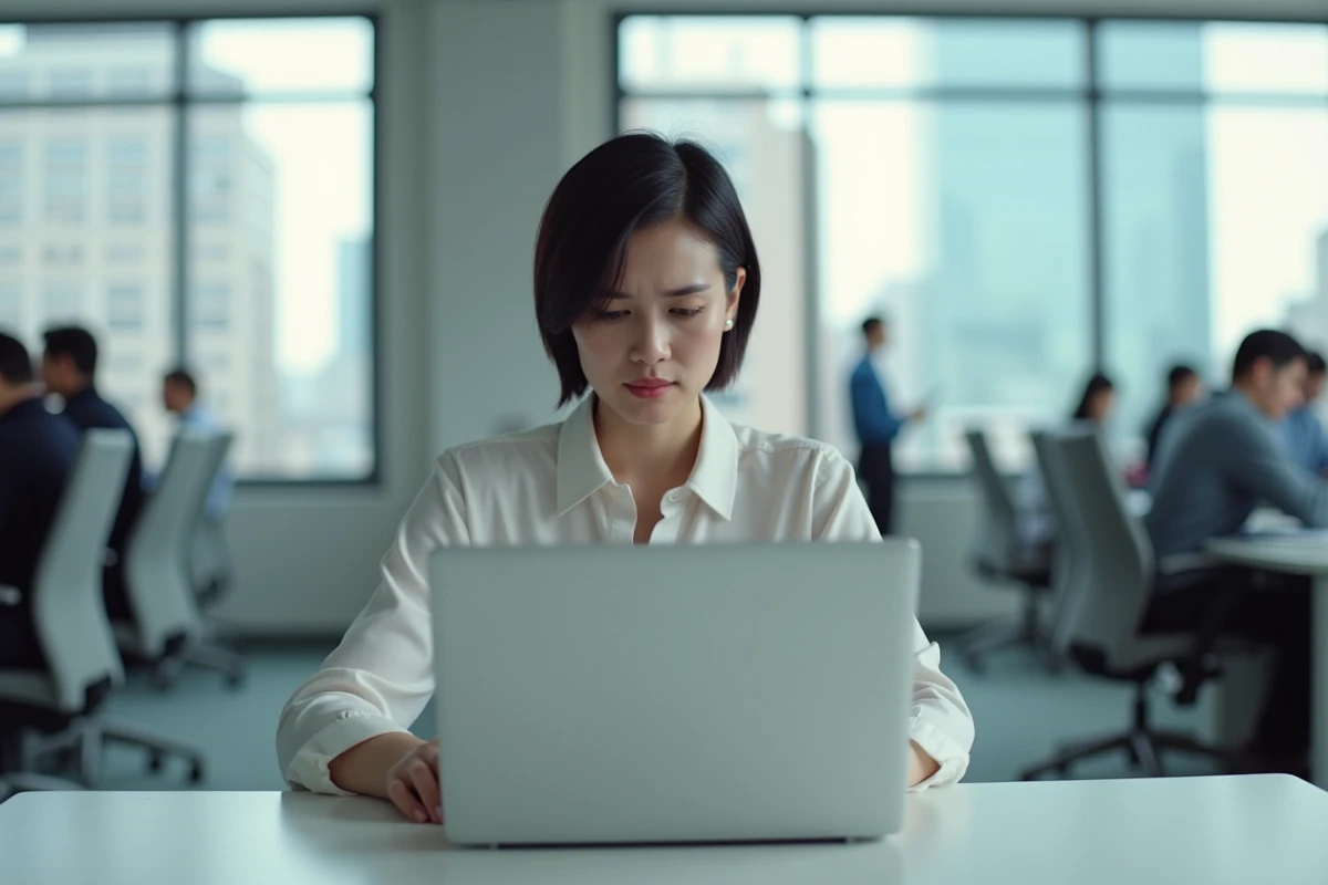 Femme en bureau open space consultant des instructions à l'écran pour inverser la disposition de son clavier d'ordinateur portable sans réinitialisation