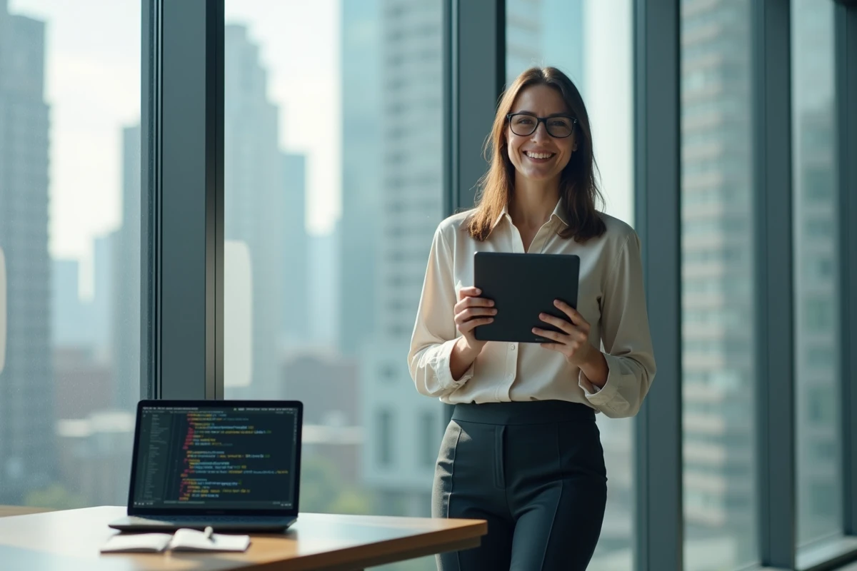 Femme souriante tenant une tablette avec code Python