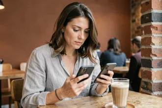 Femme comparant deux smartphones dans un café moderne, illustrant le choix du meilleur téléphone selon ses besoins
