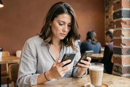 Femme comparant deux smartphones dans un café moderne, illustrant le choix du meilleur téléphone selon ses besoins