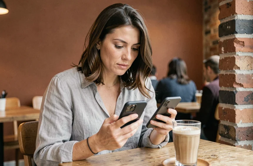 Femme comparant deux smartphones dans un café moderne, illustrant le choix du meilleur téléphone selon ses besoins