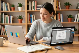 Femme comparant Windows et Paint sur macOS sur deux ordinateurs portables dans un bureau à domicile