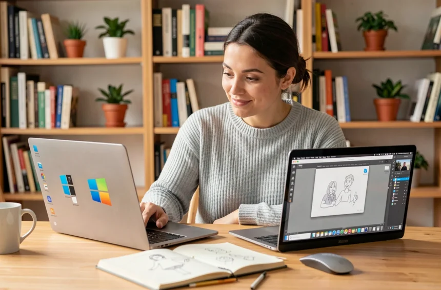 Femme comparant Windows et Paint sur macOS sur deux ordinateurs portables dans un bureau à domicile