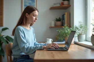 Femme en train de configurer son WiFi dans un bureau cosy