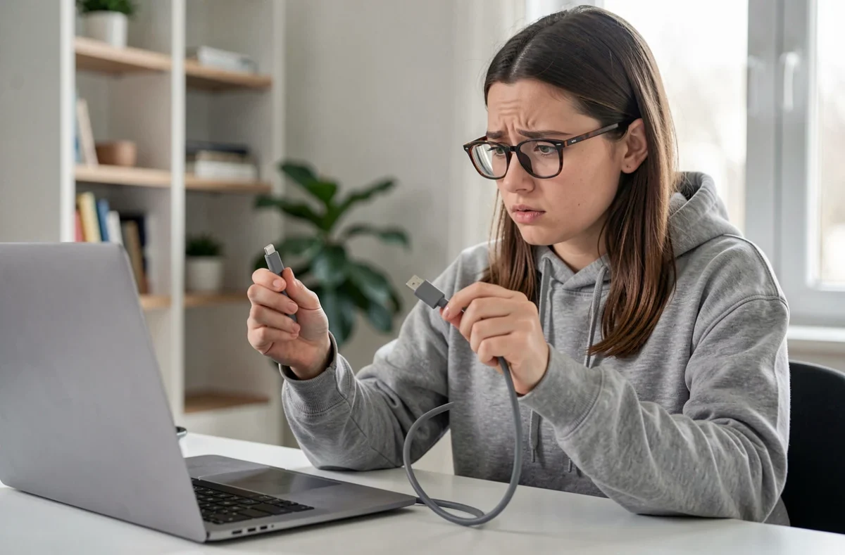 Jeune femme confuse tenant un câble USB B vers USB C et comparant les connecteurs devant son ordinateur portable