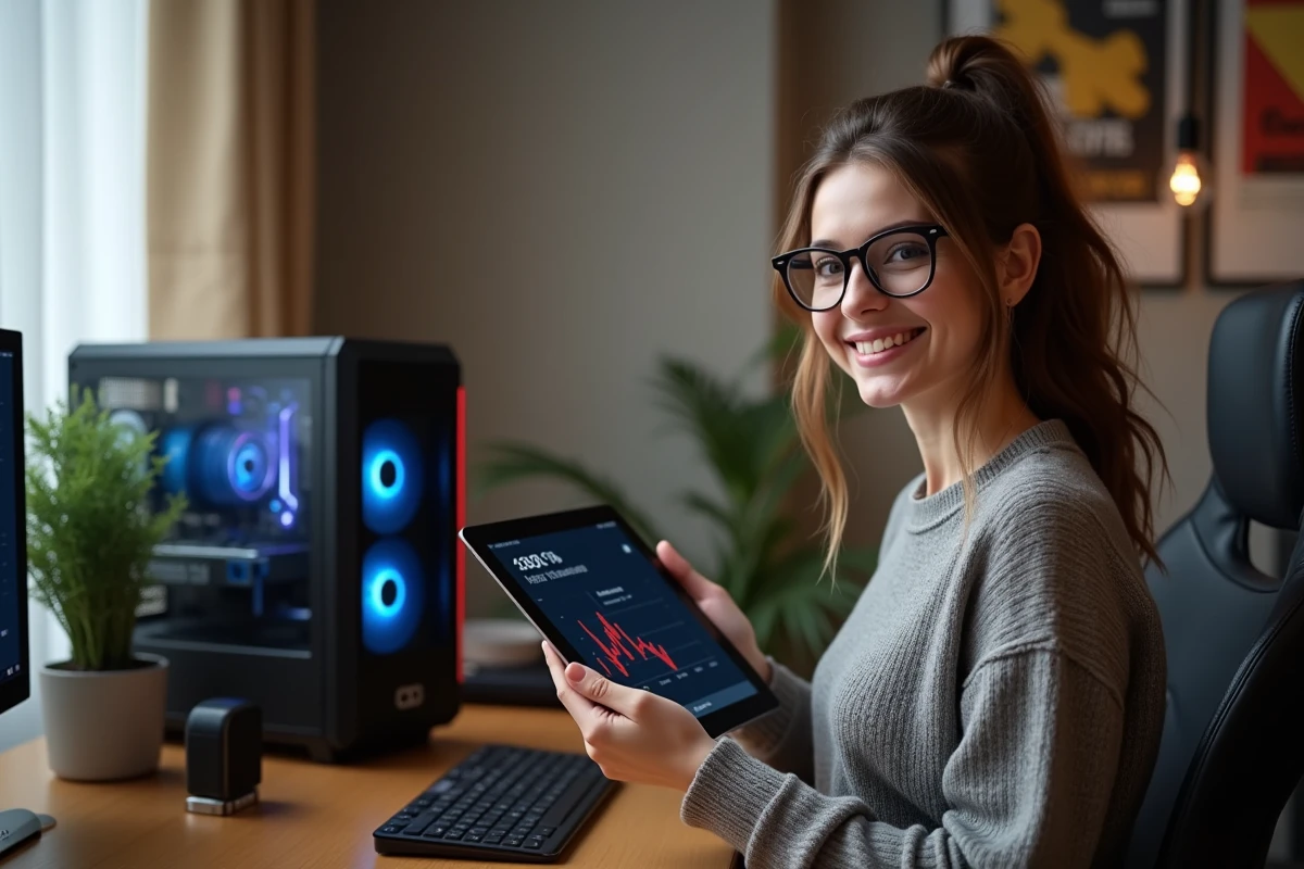 Femme souriante tenant une tablette avec graphique consommation électrique