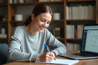 Jeune femme prenant des notes sur la conversion entre gigaoctets et mégaoctets dans un bureau à domicile