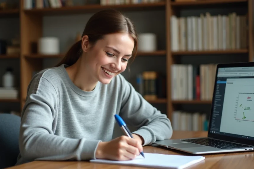 Jeune femme prenant des notes sur la conversion entre gigaoctets et mégaoctets dans un bureau à domicile