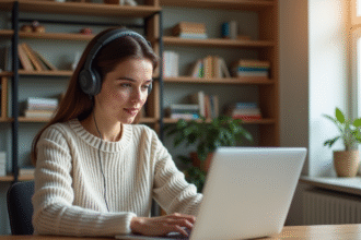 Jeune femme écoutant un cours de langue en ligne sur son ordinateur