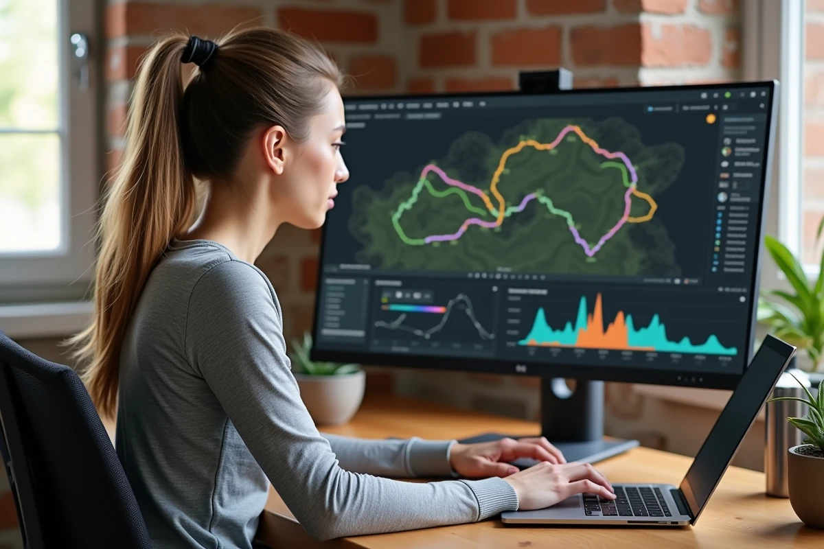 Femme créant un parcours ultra-trail en combinant des segments GPX sur logiciel de cartographie à domicile