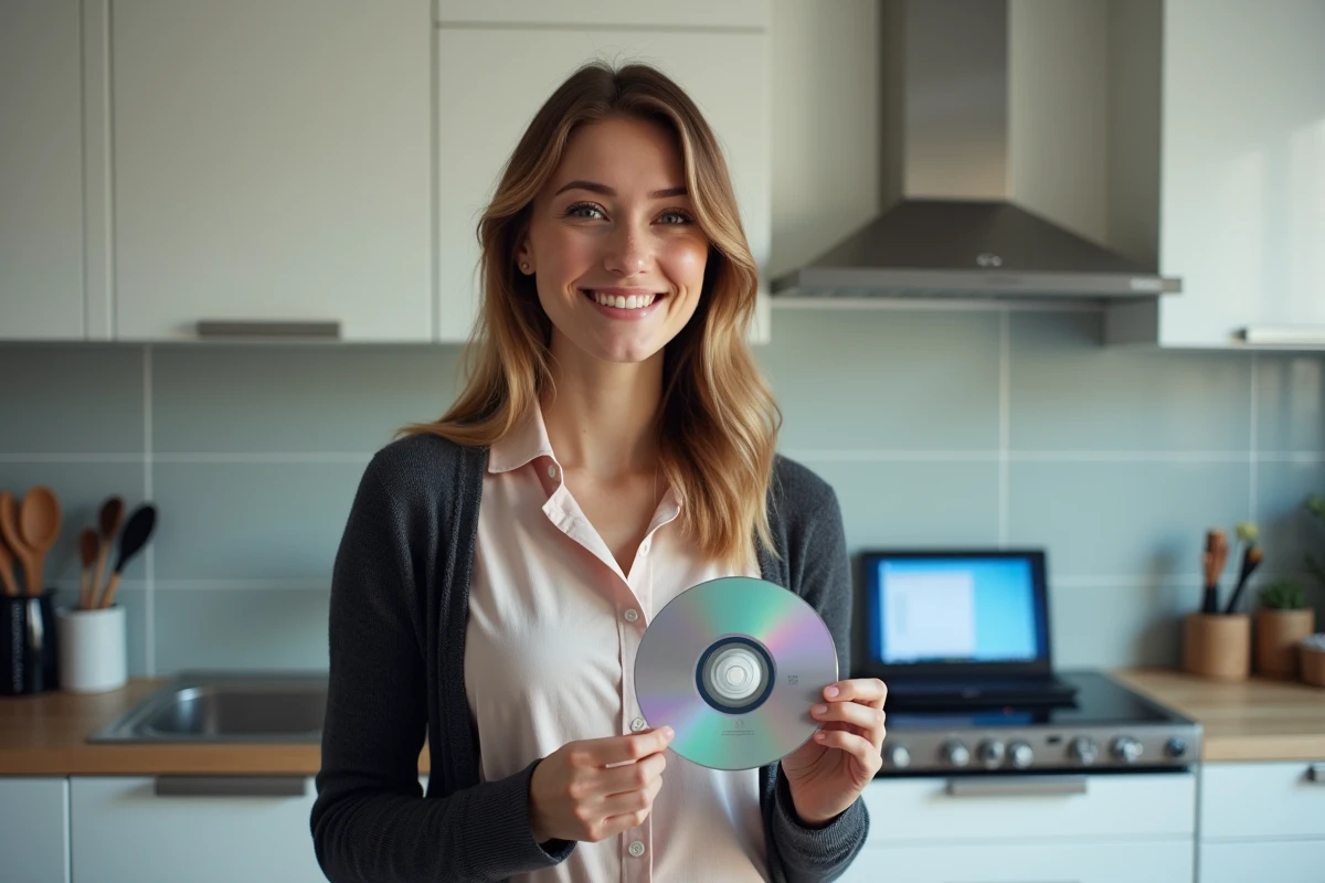 Jeune femme tenant un DVD Windows 7 dans la cuisine