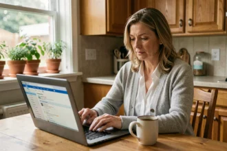 Femme consultant ses emails AOL hors ligne sur un ordinateur portable dans une cuisine à domicile