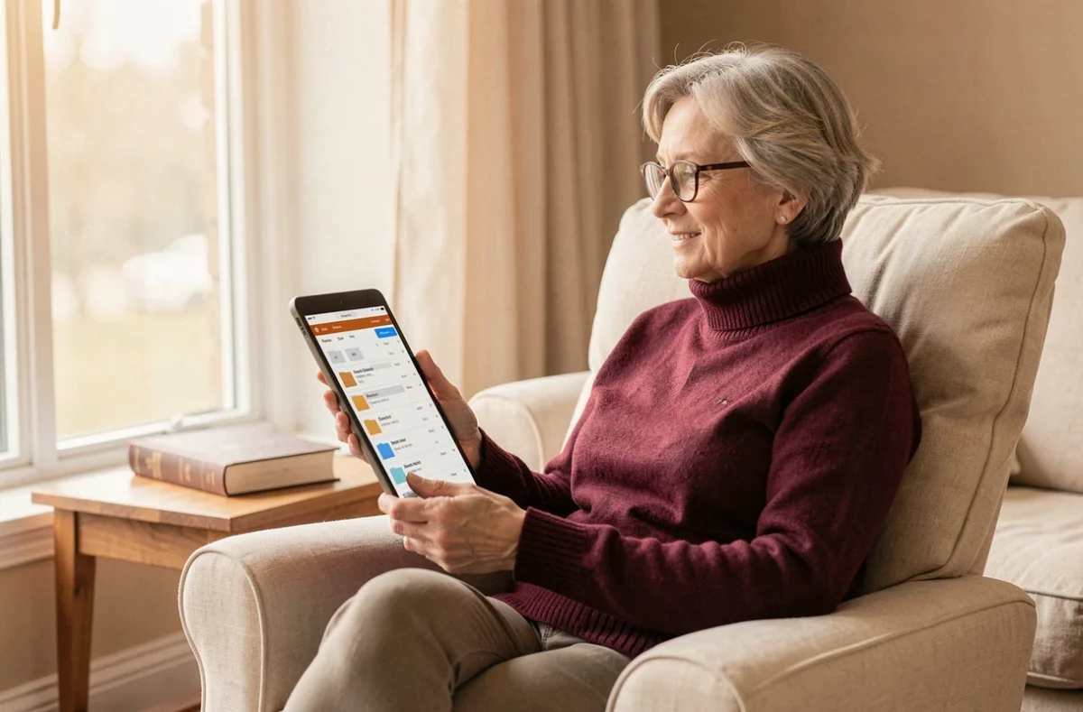 Femme âgée consultant ses emails AOL hors ligne sur une tablette dans un salon confortable