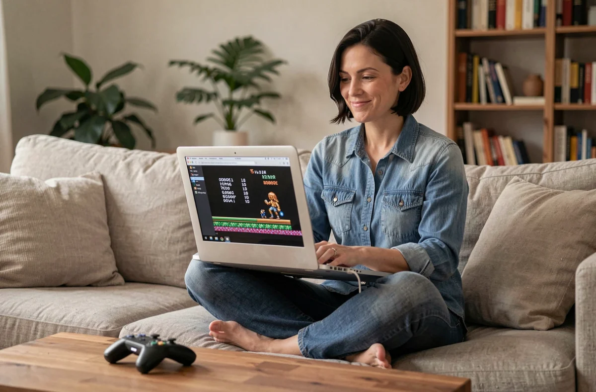 Une femme assise sur un canapé tenant un vieux laptop sur ses genoux avec une application d'émulation de jeux rétro ouverte à l'écran