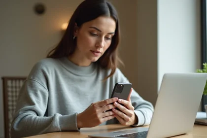 Femme examinant un iPhone 12 Pro avant de le revendre, assise à un bureau en bois dans un bureau à domicile