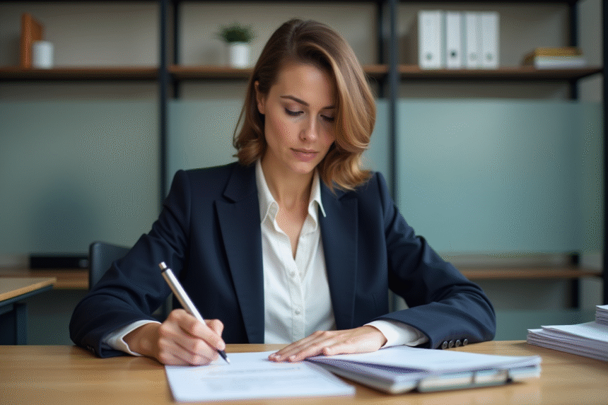 Femme en blazer blanc remplissant un formulaire administratif