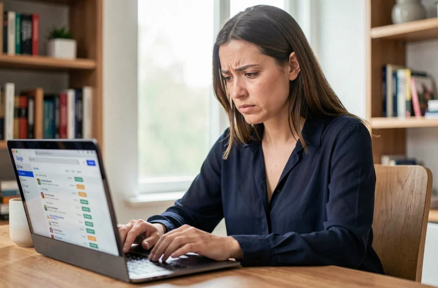 Femme frustrée lisant ses emails sur un laptop, accusé de lecture Gmail qui ne fonctionne pas