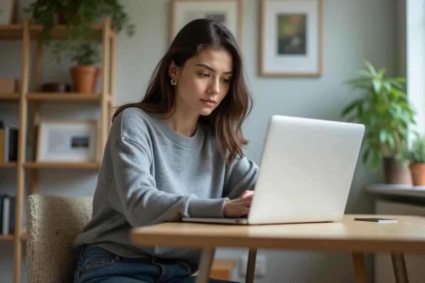 Jeune femme regardant son ordinateur dans un appartement cosy