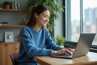 Jeune femme souriante utilisant un ordinateur portable pour télécharger des documents dans le cloud