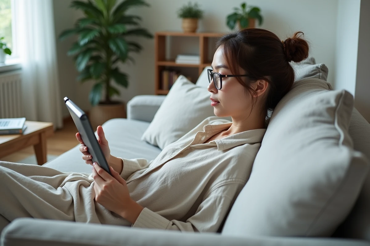 Femme lisant des scans numériques sur une tablette dans un salon moderne au style scandinave