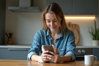 Jeune femme nettoyant son smartphone dans la cuisine